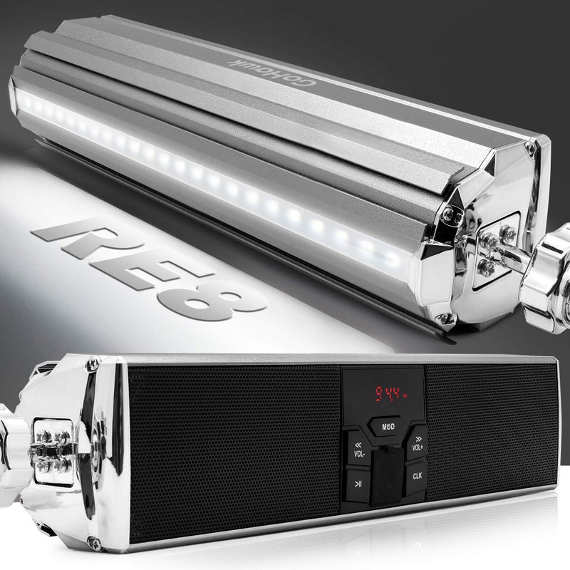 GoHawk مكبرات صوت دراجة نارية GoHawk مع أضواء LED، نظام صوتي مقاوم للماء بتقنية البلوتوث، قاعدة قابلة للتعديل بزاوية 360° لمقابض 7/8" إلى 1-1/4"، راديو FM/AUX/USB - Image 1